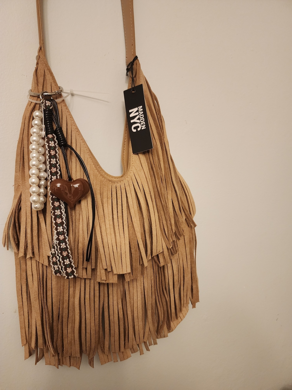Purse Women Madden NYC Tan Fringe Shoulder Bag with Charm Detailing